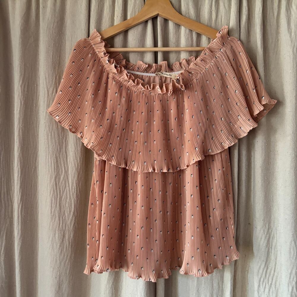 Chloe & Katie Pleated Off Shoulder Ruffle Blouse Blush Pink Size L